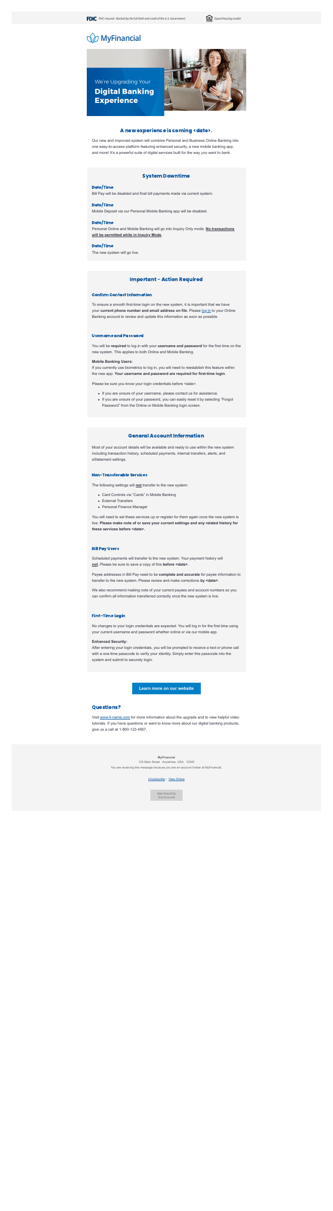 MyFinancial digital banking upgrade email template sample